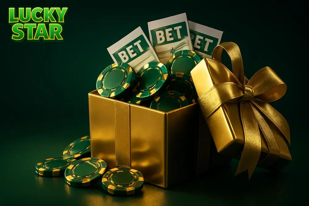 Lucky Star Free Bet — a golden gift box overflowing with casino chips and betting slips