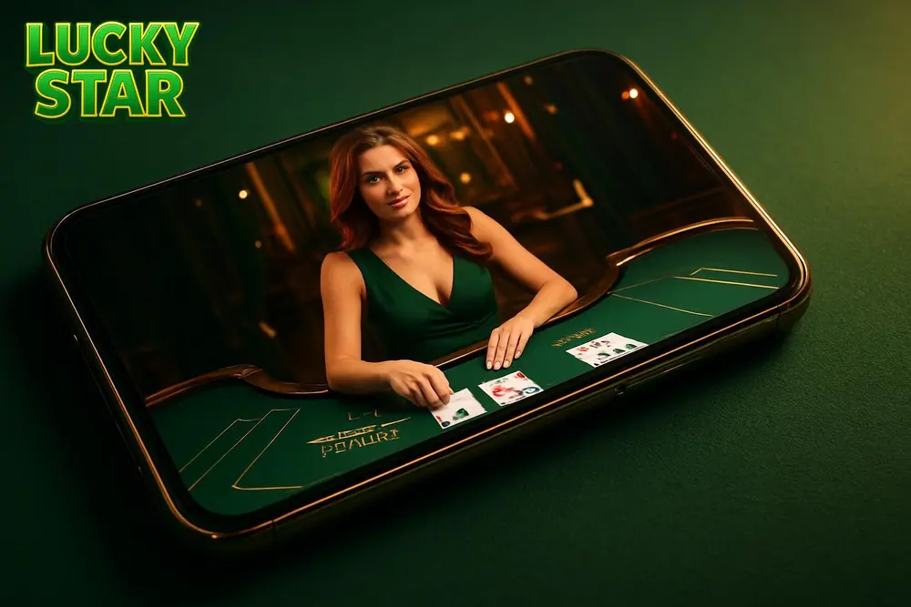 Lucky Star Live Casino โ a smartphone screen showing a live casino card game in progress Lucky Star Live Casino โ a smartphone screen showing a live casino card game in progress