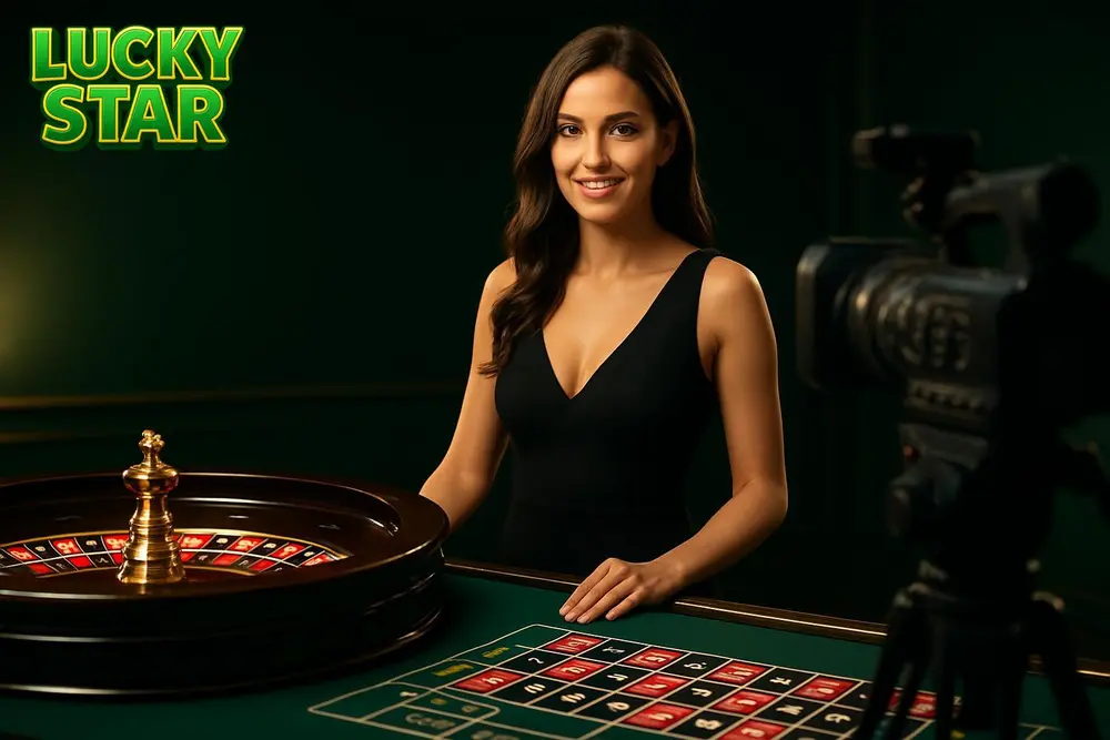 Lucky Star Live Casino โ a live dealer standing at a roulette table streaming to a camera Lucky Star Live Casino โ a live dealer standing at a roulette table streaming to a camera