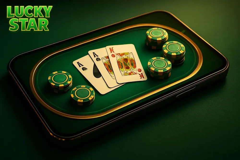 Lucky Star Teen Patti โ a smartphone showing an online card game table with chips Lucky Star Teen Patti โ a smartphone showing an online card game table with chips